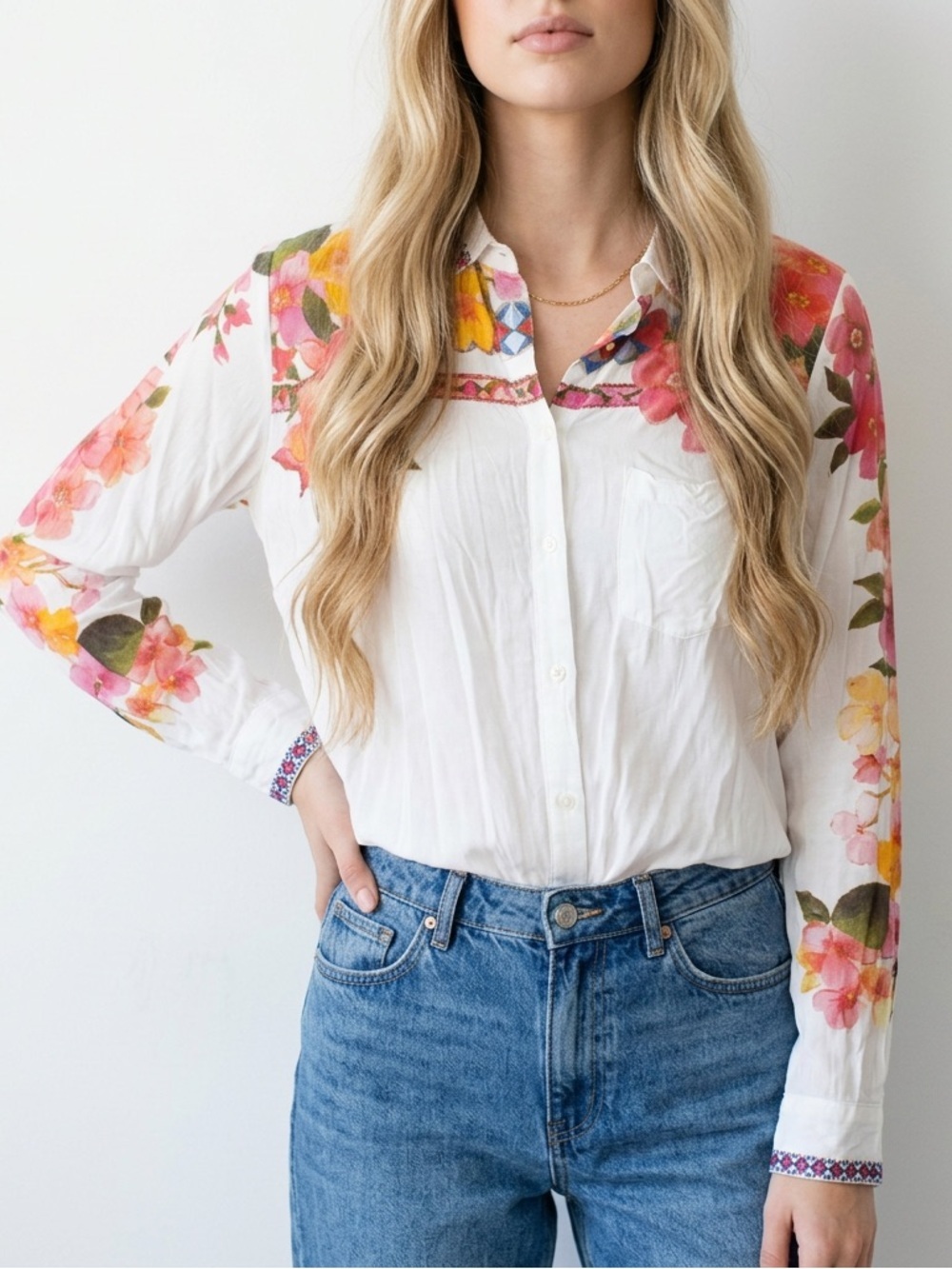 Desigual long-sleeved button down blouse vibrant and colorful floral print